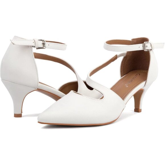 Women's White Polyurethane Pointed Toe Cross Strap Low Kitten Heel Pumps - Picture 2 of 7